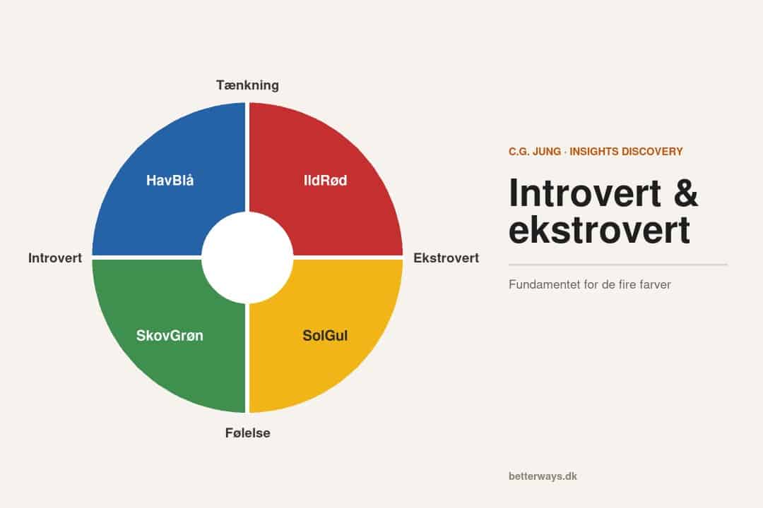 Model der viser, hvordan introversion, ekstroversion, tænkning og følelse danner de fire farveenergier HavBlå, IldRød, SolGul og SkovGrøn